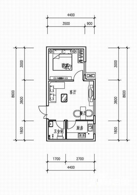 西城馨苑1室1厅1卫45.2㎡户型图