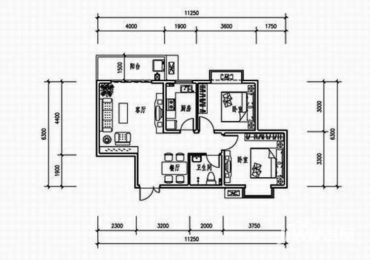 西城馨苑2室2厅1卫85.4㎡户型图