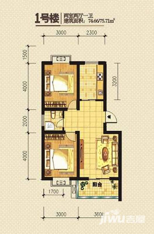 公园新世纪2室2厅1卫74.7㎡户型图