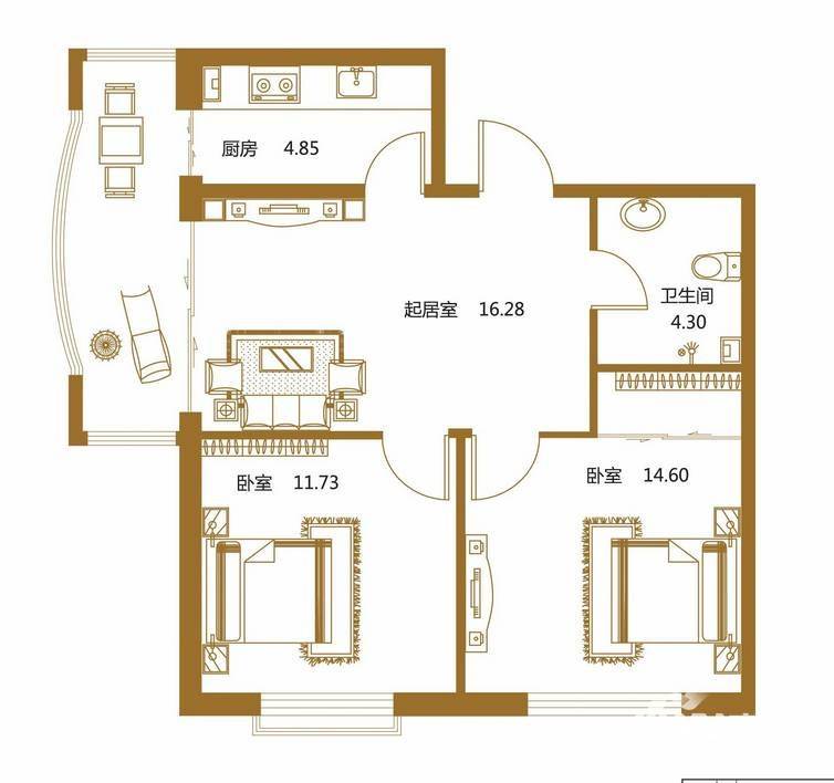 半里花庭2室1厅1卫81.3㎡户型图