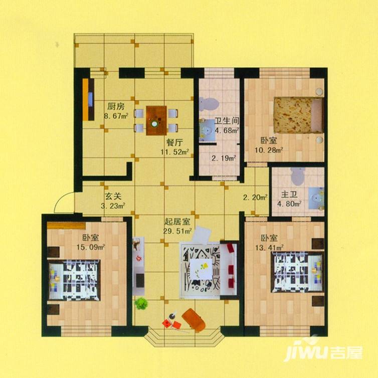 富佳新天地3室1厅2卫107.5㎡户型图