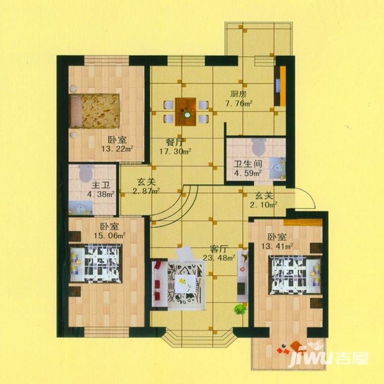 富佳新天地3室2厅2卫104.2㎡户型图