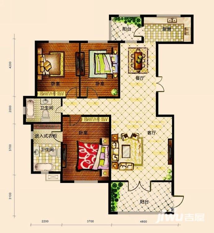 恒大盛和天下3室2厅2卫101.4㎡户型图