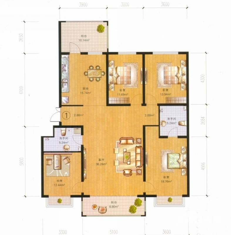 松浦观江国际4室1厅2卫124.2㎡户型图