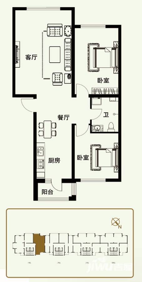 湖景春晓2室2厅1卫117.8㎡户型图