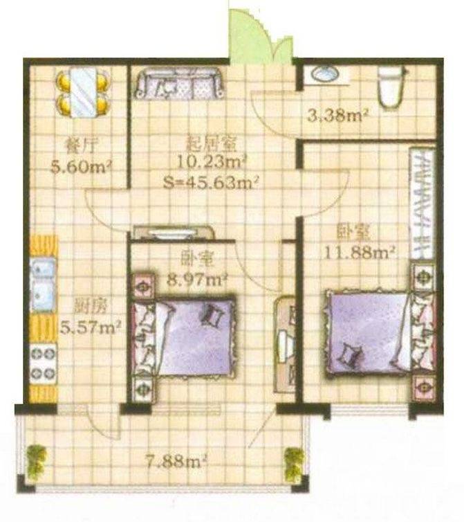 闻达绿都普通住宅45.6㎡户型图