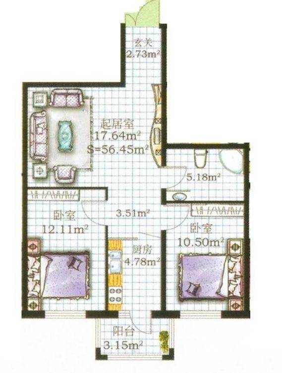 闻达绿都普通住宅56.5㎡户型图