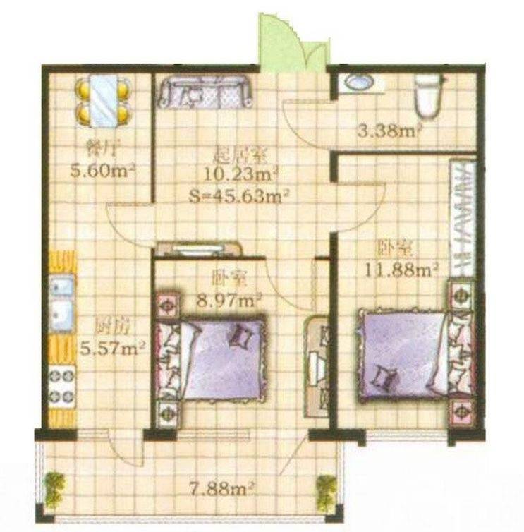 闻达绿都普通住宅45.6㎡户型图