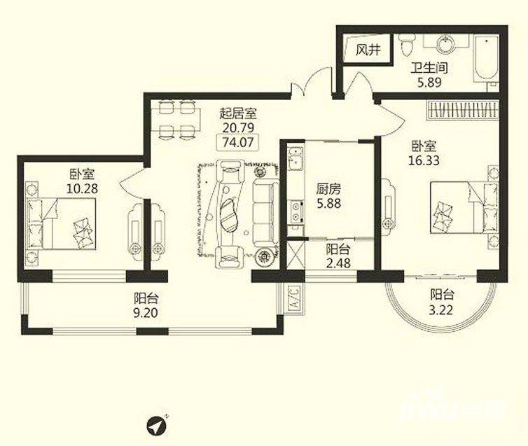 华风海城湾普通住宅74.1㎡户型图