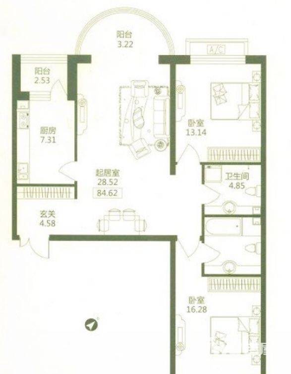 华风海城湾普通住宅84.6㎡户型图