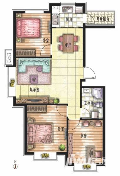 东鸿蝶翠里3室2厅1卫102.4㎡户型图