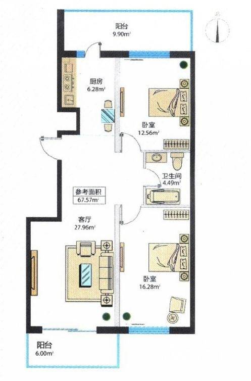 鸿盛春天2室1厅1卫67.6㎡户型图