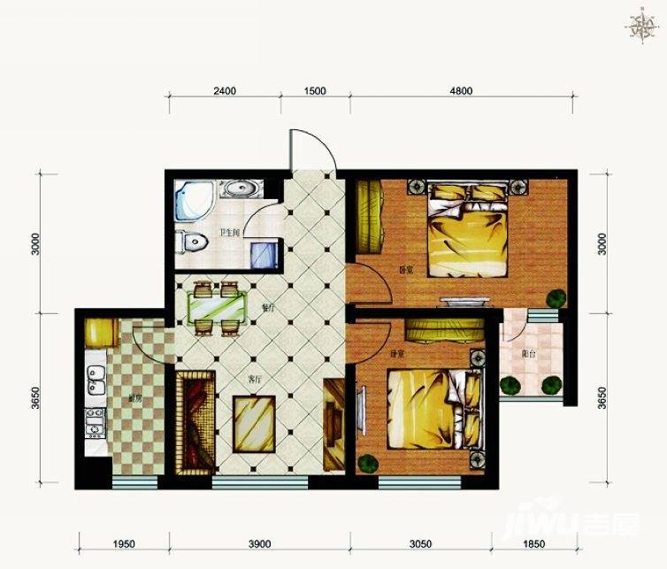 柒零捌零城仕公馆户型图 b4 2室2厅1卫使用面积51平米