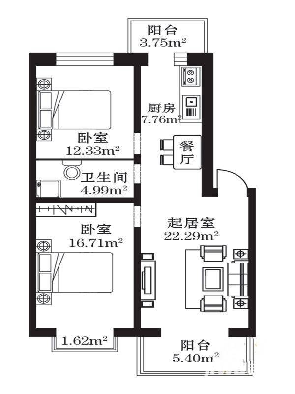 柒季城2室2厅1卫97.3㎡户型图