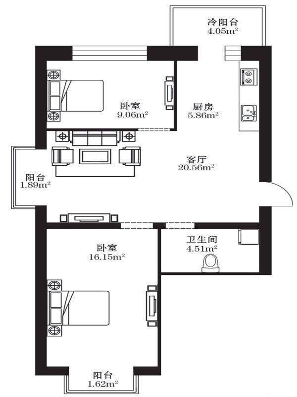 柒季城2室1厅1卫81.1㎡户型图