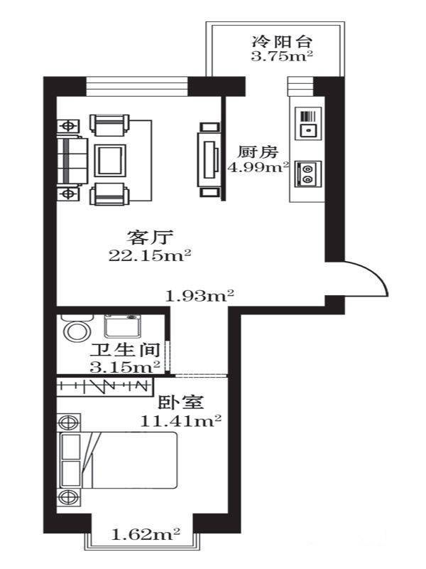 柒季城1室1厅1卫65.3㎡户型图