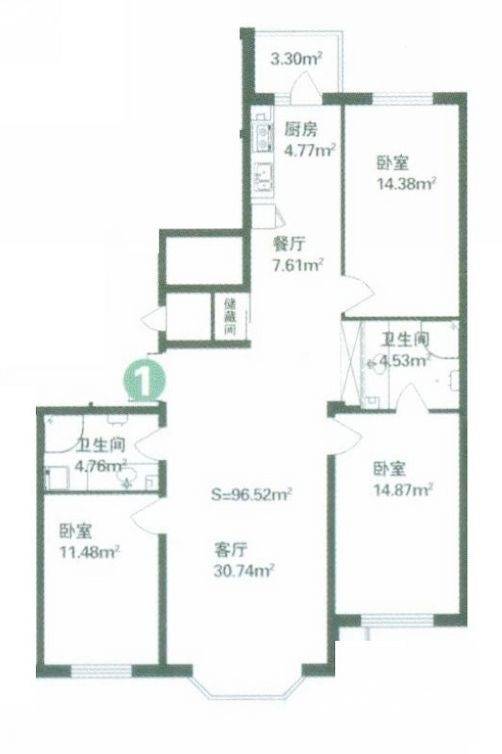 林海华庭3室2厅2卫96.5㎡户型图