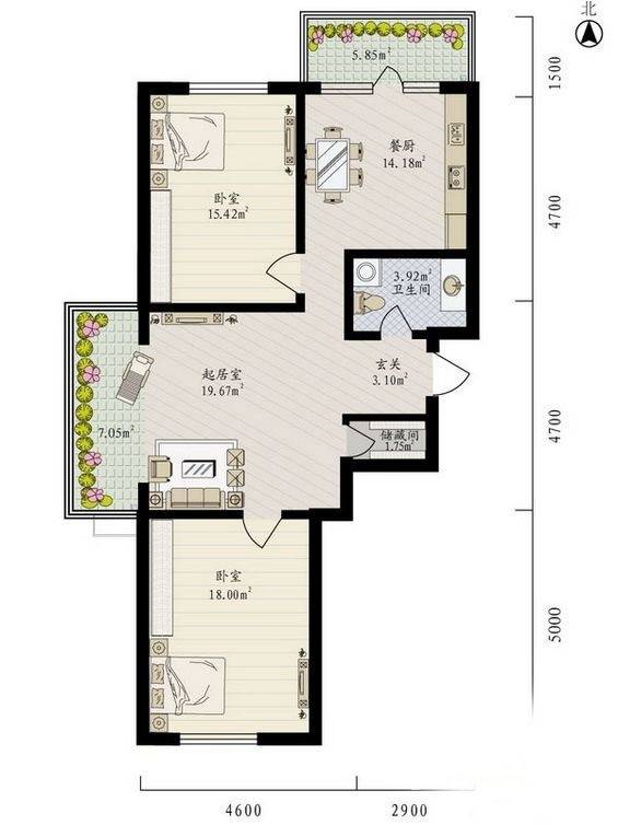 丽兹江畔2室1厅1卫83.1㎡户型图