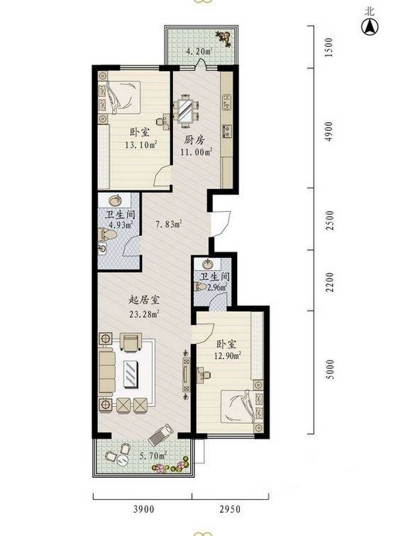 丽兹江畔2室1厅2卫81.7㎡户型图