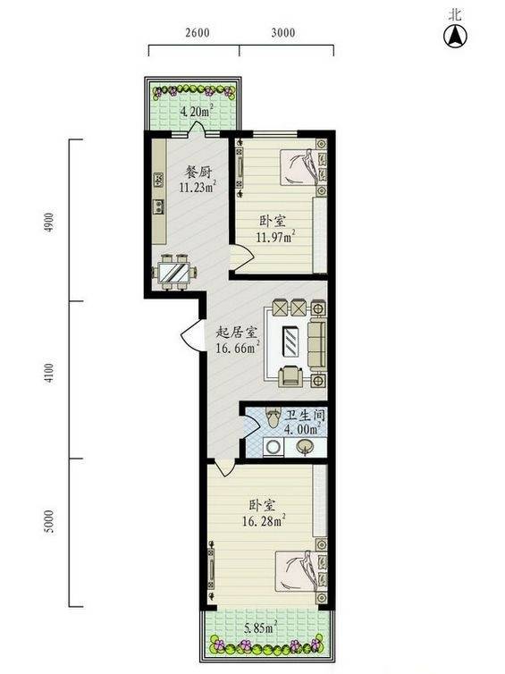 丽兹江畔2室1厅1卫66㎡户型图