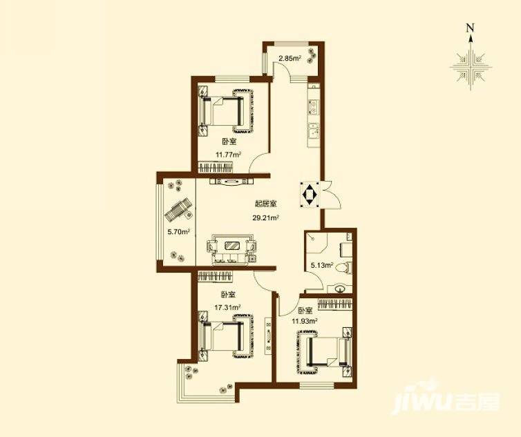 睿城臻品3室1厅1卫户型图