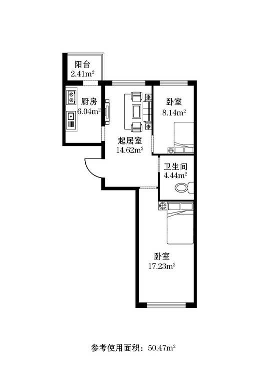 财富天地1室1厅1卫50.5㎡户型图