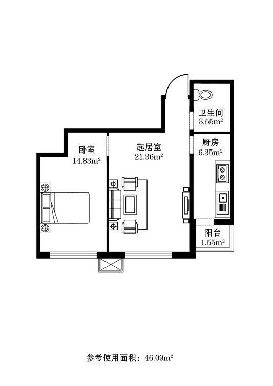 财富天地1室1厅1卫46.1㎡户型图