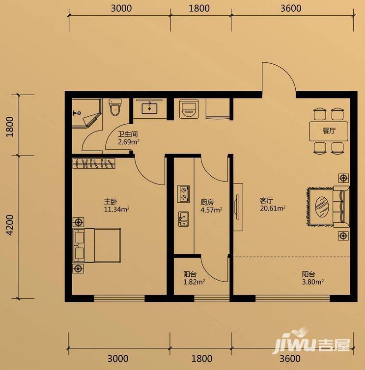 金昌国际1室1厅1卫59.8㎡户型图