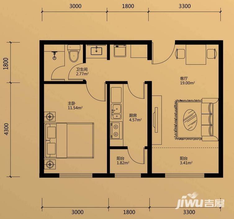 金昌国际1室2厅1卫60.4㎡户型图