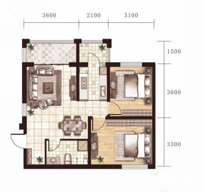 福城橡树湾2室2厅1卫54.3㎡户型图