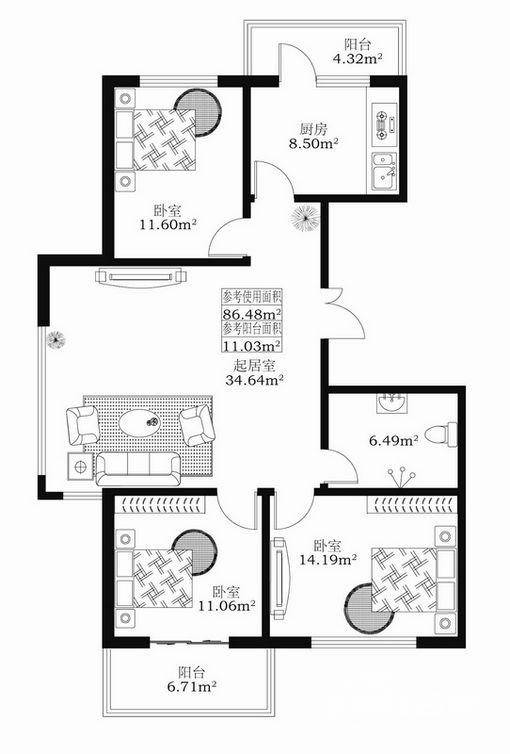 丽都国际3室1厅1卫86.5㎡户型图