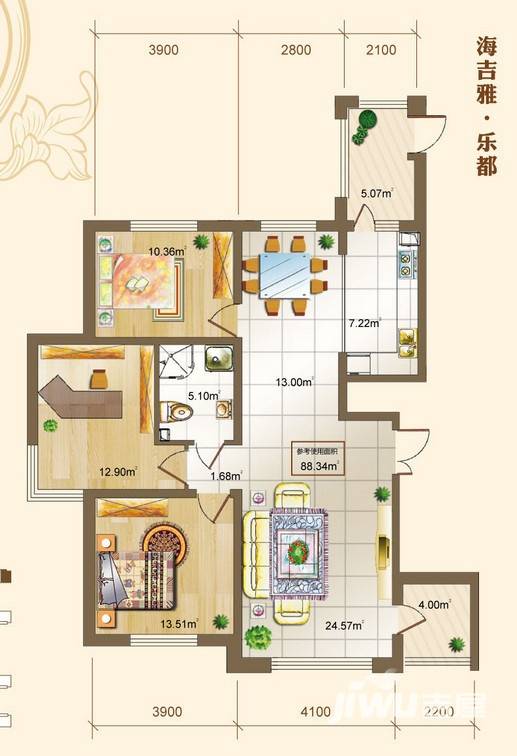 海吉雅乐都3室2厅1卫88.3㎡户型图