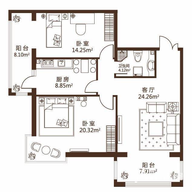 观澜宝邸2室2厅1卫94.4㎡户型图