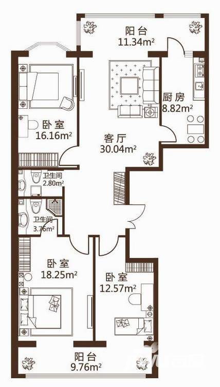 观澜宝邸3室2厅2卫122㎡户型图