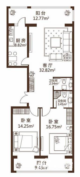 观澜宝邸2室2厅2卫108.2㎡户型图