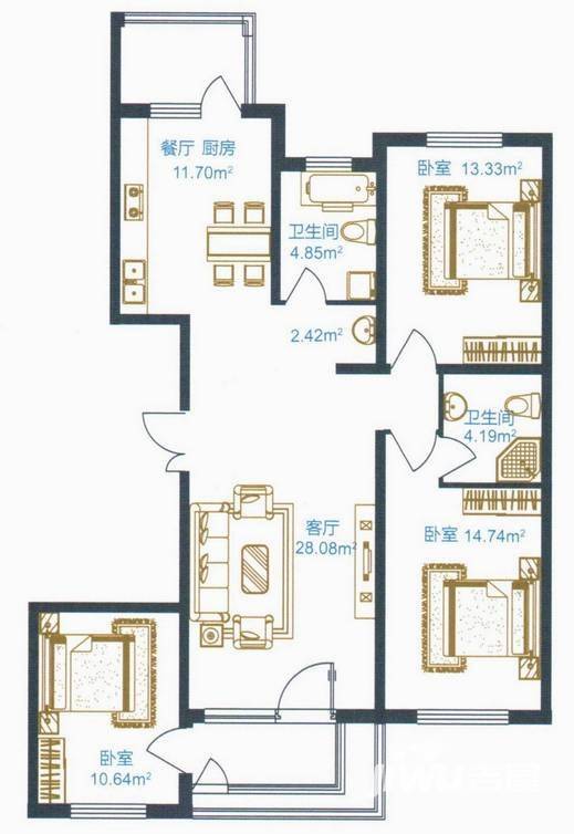 南郡凤凰湾3室2厅2卫90㎡户型图