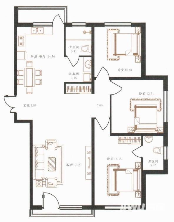 南郡凤凰湾3室2厅2卫100.3㎡户型图