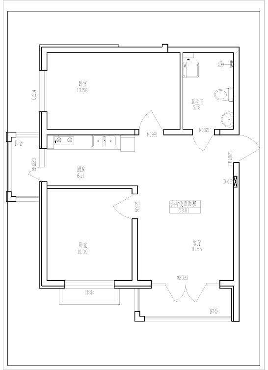 南郡凤凰湾2室1厅1卫53.8㎡户型图