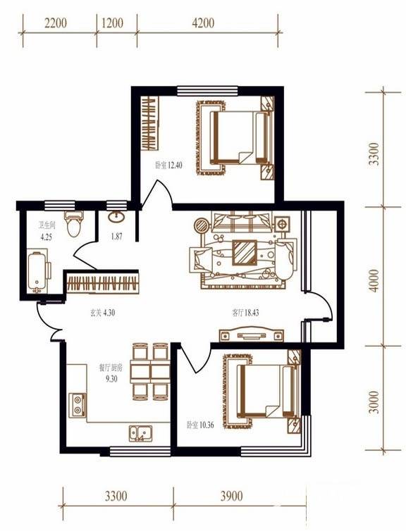 南郡凤凰湾2室2厅1卫60.9㎡户型图