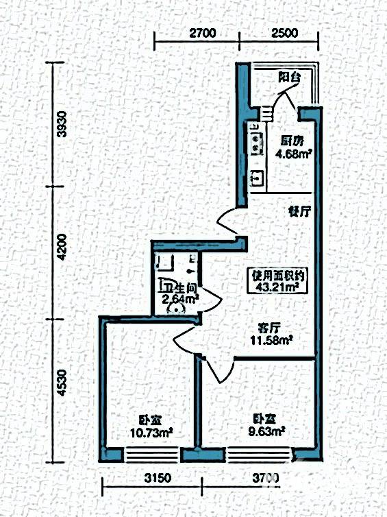 北岸上筑2室2厅1卫43.2㎡户型图