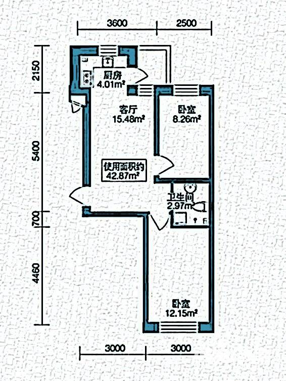 北岸上筑2室1厅1卫42.9㎡户型图