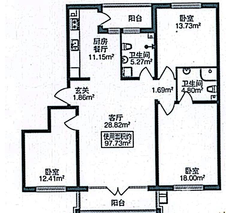 北岸上筑3室1厅2卫97.7㎡户型图