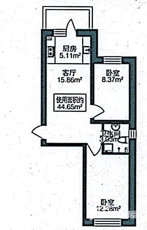 北岸上筑2室1厅1卫44.6㎡户型图