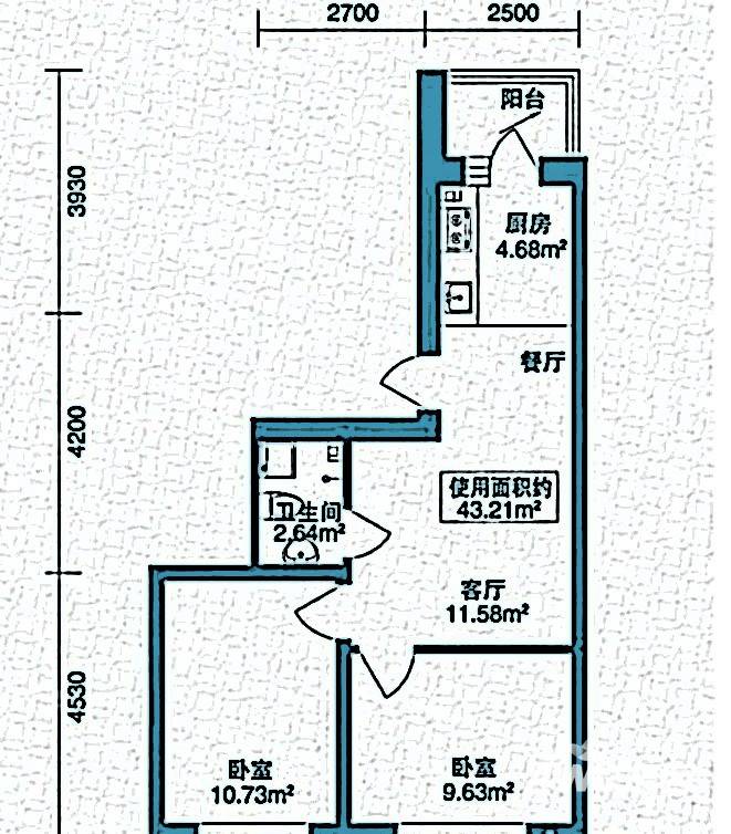 北岸上筑2室1厅1卫43.2㎡户型图