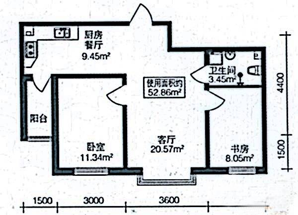 北岸上筑2室1厅1卫52.9㎡户型图