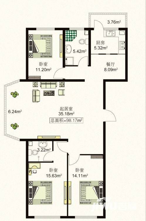 天薇丽景园3室1厅2卫98.2㎡户型图