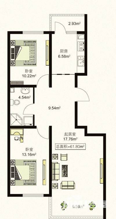 天薇丽景园2室1厅1卫61.8㎡户型图