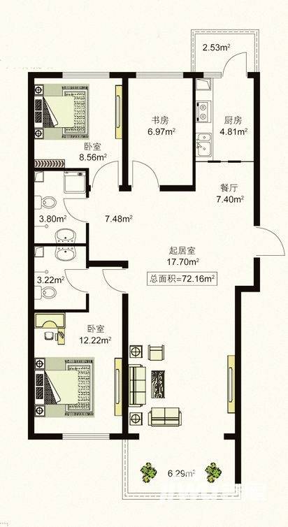 天薇丽景园2室1厅2卫72.2㎡户型图