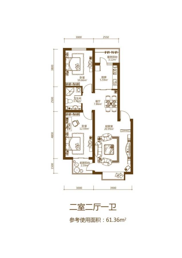 立汇美罗湾2室2厅1卫61.4㎡户型图