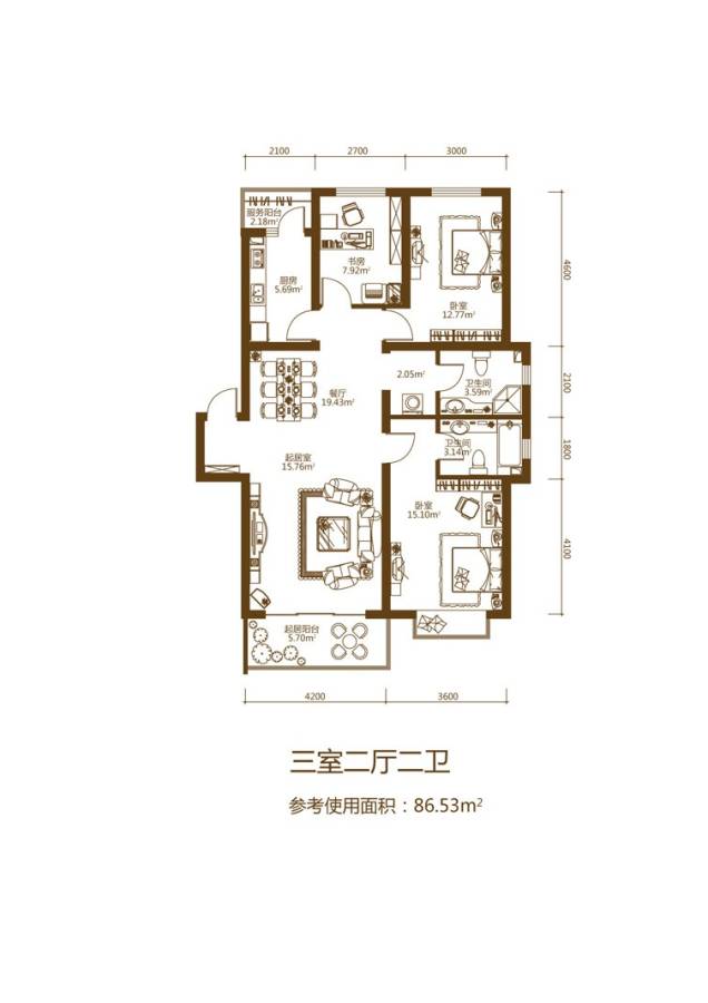 立汇美罗湾3室2厅2卫86.5㎡户型图